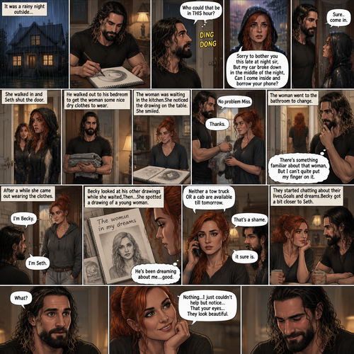 It was a rainy night outside,Seth Rollins was alone in his house,He drawing a picture of the moon on his notebook.Then the doorbell rang. “Who could that be in THIS hour?” Seth  asked himself. He got up and opened the door,A young Irish woman (Becky Lynch) was standing outside on his porch soaking wet from the rain wearing a hood. “Sorry to bother you this late at night sir,But my car broke down in the middle of the night,Can I come inside and borrow your phone?” Asked the woman.Seth looked at the woman,There was this…aura about her that he couldn’t quite explain.He decided to let her in. “Sure..come in” said Seth.The woman walked in and Seth shut the door.He walked out to his bedroom to get the woman some nice dry clothes to wear,The woman was waiting in the kitchen,She noticed the drawing on the table.She smiled.Seth came back and handed her the clothes. “Thanks” said the Woman. “No problem Miss” Said Seth.The woman went to the bathroom to change. “There’s something familiar about that woman,But I can’t quite put my finger on it” Seth said to himself.After a while she came out wearing the clothes.She sat down at the table with him.”I’m Becky” Said Becky. “I’m Seth” Said Seth.There was something between them,Pulling them together.”I’ll uh…go get you the phone” Seth said nervously .He gets up to get the phone from the living room.Becky looked at his other drawings while she waited,Then…She spotted a drawing of a young woman.The drawing was called “The woman in my dreams”.That woman….was Becky herself.She simply smiled to herself. “He’s been dreaming about me….good” Becky said to herself.Seth came back with the phone in his hand,He handed it to her.Becky used the phone to call a tow truck company and then a cab.After awhile she hung up the phone with a disappointed look on her face. “Neither a tow truck OR a cab are available till tomorrow” Said Becky.Seth had a sympathetic look on his face. “That’s a shame” Said Seth. “it sure is” Said Becky.They started chatting about their lives,Goals and dreams.Becky got a bit closer to Seth. “What?” Asked Seth “Nothing…I just couldn’t help but notice…That your eyes…They look beautiful” Said Becky.Seth blushed a little