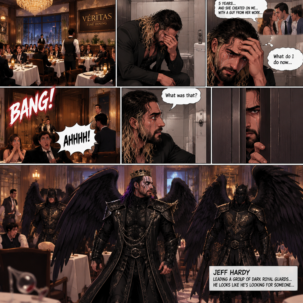 There’s a fancy restaurant,Someone was crying in the men’s bathroom,That someone…was Seth Rollins. He just found out his girlfriend of 5 years cheated on him with a guy from her work. He’s lost in thought about what to do,He was snapped out of his thoughts…when….he heard a loud bang followed by screams of terror outside the bathroom. “What’s was that?” Seth asked himself. He cracked the door open a bit to see what’s going on,There’s men dressed in some sort of black royal guard uniforms With dark angel wings bursting into the restaurant…wait…Dark angel wings?! A man in a black royal outfit with a crown on his head and dark angel wings (Jeff Hardy) was leading them,he looks like he’s…looking for someone