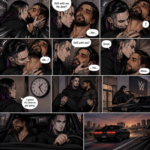 (Part 4 of the Vampire x human story). Still in Jeff Hardy’s office. Jeff was still Kissing Seth Rollins against the wall. After about a minute,Jeff pulled away. Jeff whispered in Seth’s ear “Still with me My dear?” Jeff asked softly. “…Yes…” Seth said softly. Jeff grinned. He leaned forward to Seth’s neck. Seth’s heart was racing. Jeff placed his hand on Seth’s chest to feel his heartbeat again. Seth gasped softly. Jeff gently pierced his fangs into Seth’s neck. Seth yelped softly. Jeff wrapped his arms around Seth. After awhile Jeff removed his fangs from Seth’s neck. Seth was breathing softly. Jeff gently placed his hand on Seth’s cheek. “Still with me?” Jeff asked softly. Seth looked up at Jeff while trying to keep his eyes open. “…Yes…” Seth said softly. Jeff smiled. “Good” Jeff said softly. Jeff gently kissed Seth’s forehead. Seth hummed softly. Jeff looked at the clock on the wall,it was 5:08 pm. “I guess it’s time to get going” Jeff said to himself. Jeff lifted Seth up in his arms,Then he walked out of the  building and walked to his car. He put Seth on the passenger seat,Then he drove away
