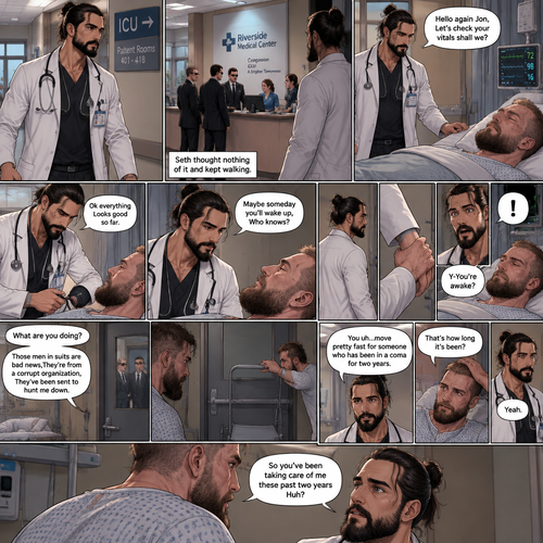 Seth Rollins is a Doctor. He had been looking after a patient (Jon Moxley) who had been in a coma for two years. One day he was walking to Jon’s room,Then he saw men in suits at the front desk. He thought nothing of it and kept walking. He entered Jon’s room. “Hello again Jon,Let’s check your vitals shall we?” Said Seth. He checks Jon’s vitals. “Ok everything Looks good so far” said Seth. He looked at Jon’s face. “Maybe someday you’ll wake up,Who knows?” Said Seth. He got up to leave the room….But a hand grabbed a hold of his wrist. Seth gasped. It was Jon,He’s wide awake and Looking at Seth. “Y-You’re awake” Said Seth. Then Jon carefully got up,Looked out the door and noticed the men in suits. His eyes widened and he shut the door and locked it. “What are you doing?” Seth asked. Jon spoke for the first time since the coma “Those men in suits are bad news,They’re from a corrupt organization,They’ve been sent to hunt me down”. Seth Fell silent,Processing what Jon just said. Jon moved quickly to barricade the door. “You uh…move pretty fast for someone who has been in a coma for two years” said Seth. Jon fell silent while processing that information. “That’s how long it’s been?” Jon asked. Seth nodded slowly. Jon walked slowly toward Seth. “So you’ve been taking care of me these past two years Huh?” Said Jon