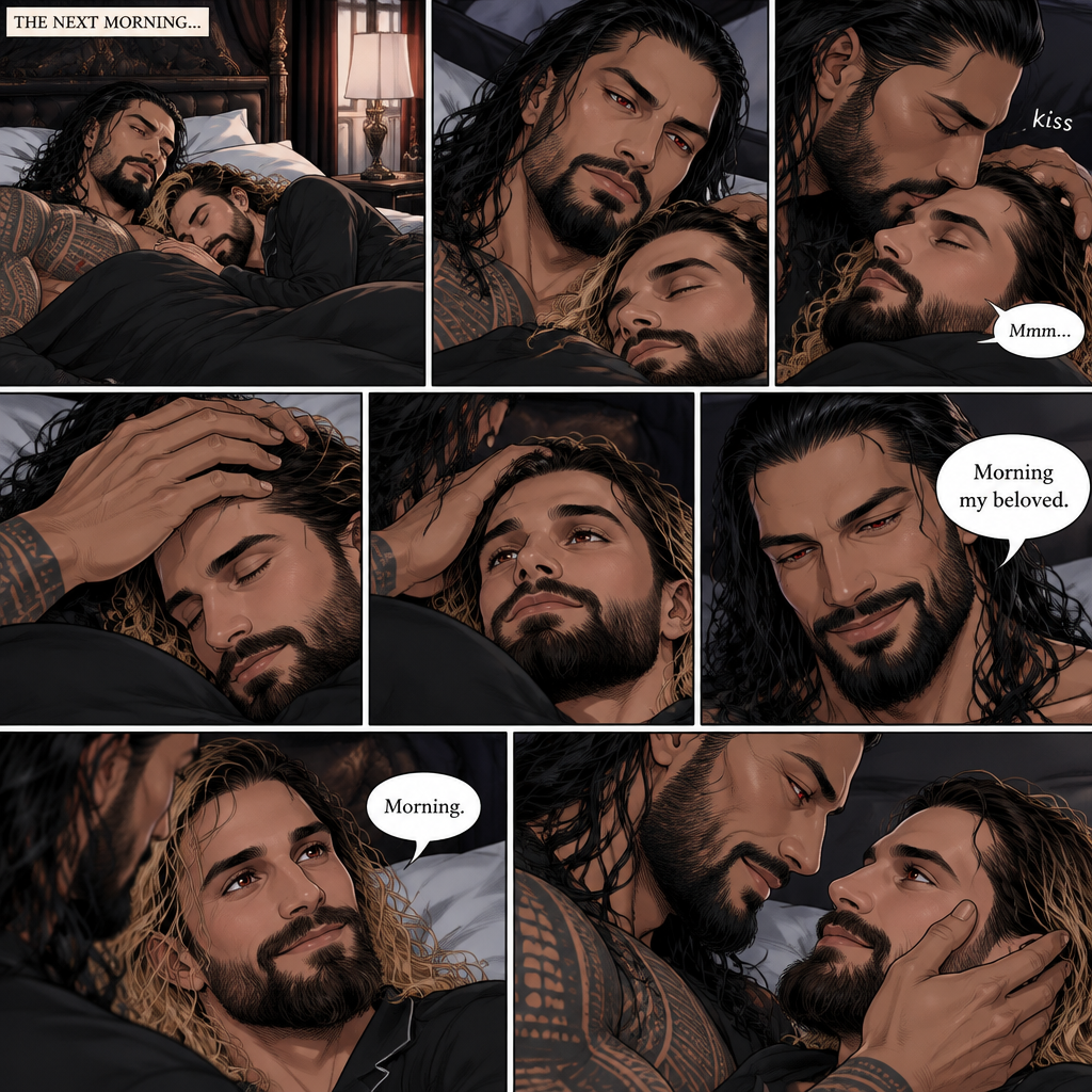 (Part 3 of the Vampire x Butler story). The next morning,Roman Reigns (Vampire) and Seth Rollins (Butler) were still asleep in Roman’s room. Roman slowly woke up. He looked at Seth who was asleep. He gently kissed Seth’s forehead. Seth hummed softly in his sleep. Roman gently stroked Seth’s head. Seth slowly woke up. “Morning my beloved” Roman said softly. “Morning” Seth said Seth. Roman Gently placed his hand on Seth’s cheek