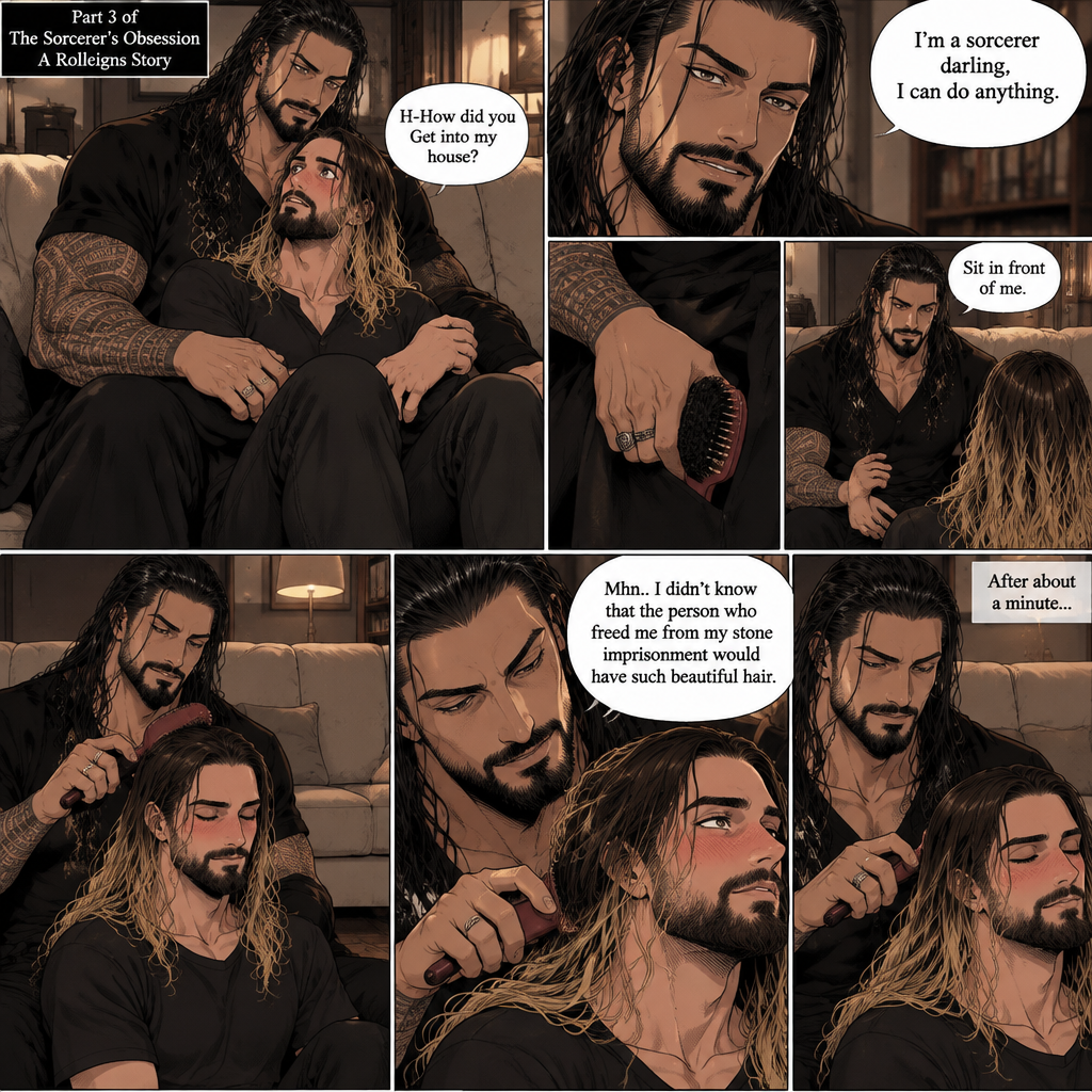 (Part 3 of the Sorcerer’s obsession,A Rolleigns story). Roman Reigns (The sorcerer) Was sitting on Seth Rollins’s couch in Seth Rollins’s house with Seth Rollins on his lap. Seth was blushing. “H-How did you Get into my house?” Seth asked nervously. “I’m a sorcerer darling,I can do anything” Said Roman. Roman reached into his pocket and grabbed Seth’s hairbrush. Roman motioned for Seth to sit in front of him on the floor so he could brush his hair. Seth sits in front of Roman on the floor. Roman brushes Seth’s hair. “Mhn..I didn’t know that the person who freed me from my stone imprisonment would have such beautiful hair” Roman said seductively. Seth Blushed. Roman kept brushing Seth’s hair. After about a minute