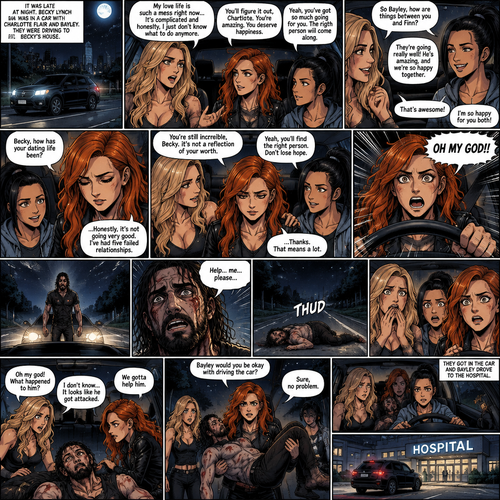 It was late at night,Becky Lynch Was in a car with Charlotte Flair and Bayley. They were driving to Becky’s house. Charlotte was talking about her complicated love life. Becky and Bayley were giving her words of comfort and support. Charlotte then asked Bayley how things were between her and Finn Bálor (They’re dating in this story). Bayley said things were going very well between the two of them. Becky and Charlotte were both happy to hear that. Bayley then looked at Becky and asked How HER dating life had been. Becky got a sad look on her face as she admitted that her dating life wasn’t doing very good,She had Five failed relationships. Charlotte and Bayley gave Becky words of comfort. Becky felt a little better. Then Becky looked at the road and suddenly yelled “OH MY GOD!!” And slammed on the breaks. There was a man (Seth Rollins) standing in front of the car,He was covered in bad scratches. He had a frightened expression on his face,He looked like he got attacked by a wild animal. Becky,Charlotte and Bayley were horrified. Then…the man spoke “Help…me….please”, then he collapsed on the road and passed out. The girls got out of the car and rushed over to the man. “Oh my god” Said charlotte. “What happened to him?” Bayley asked. “I don’t know…it looks like he got attacked” Said Becky. The man groaned in pain subconsciously. “We gotta help him” Said Becky. Bayley and Charlotte nodded in agreement. “Bayley would you be okay with driving the car?” Asked Becky. “Sure,no problem” said Bayley. Becky lifted the unconscious man in her arms and carried him to the car. They got in the car and Bayley drove to the hospital