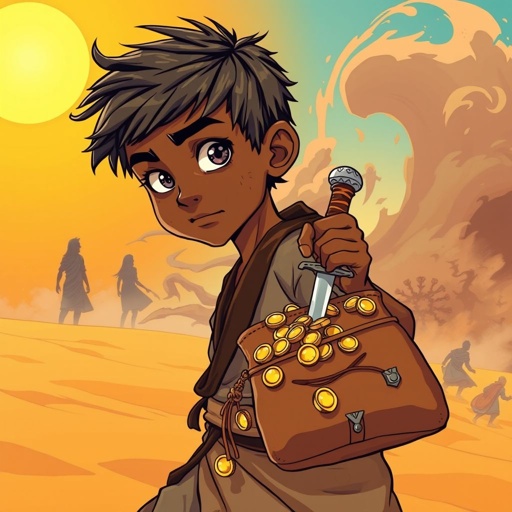 A lonely African 19 years teenage boy with a bag of money and a sword standing in the middle with of a desert