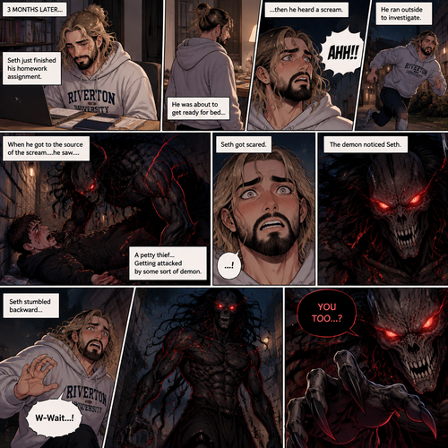 (Recap). Seth Rollins (College student) helped Damien Priest (The bad boy) tend to his wounds on his chest and shoulder after he entered Seth’s dorm room,The next morning,Seth and Damien were asleep in Seth’s bed,Seth slowly woke up,He was in Damien’s embrace,He blushed and his heart fluttered,Damien must’ve heard it because he subconsciously put his hand on Seth’s chest to feel Seth’s heartbeat and hummed softly in his sleep,Seth was flustered,Then…Damien slowly woke up and looked at Seth,”Your heart beats so beautifully” Damien said in a soft voice,Damien then whispered in Seth’s ear,“Is it because of me,Angel?” Damien asked seductively,The blush on Seth’s face deepened,Damien gave a smug and seductive smile.,”Can I kiss you?” Damien asked softly. Seth Got more Flustered,“S-Sure” Seth said nervously,Damien gently kissed Seth. (And now part 4). 3 months had passed,Seth and Damien are together. Damien had been acting strangely possessive and protective of Seth. Anyone who ever picked on Seth…had mysteriously disappeared. Nobody knew why. One night Seth just finished his homework assignment. He was about to get ready for bed….then he heard a scream. He ran outside to investigate. When he got to the source of the scream….he saw….A petty thief…Getting attacked by some sort of demon. Seth got scared. The demon noticed Seth. Seth stumbled backward