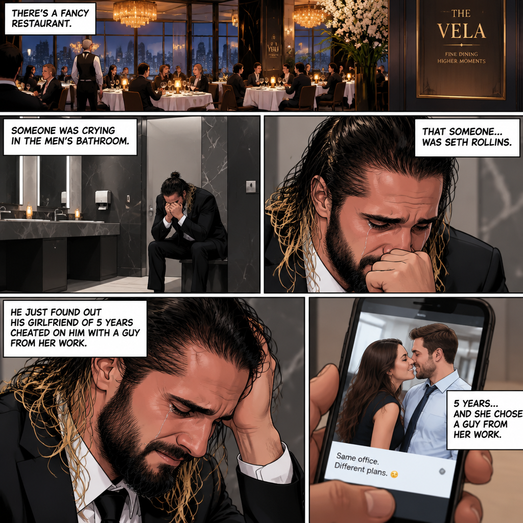 There’s a fancy restaurant,Someone was crying in the men’s bathroom,That someone…was Seth Rollins. He just found out his girlfriend of 5 years cheated on him with a guy from her work
