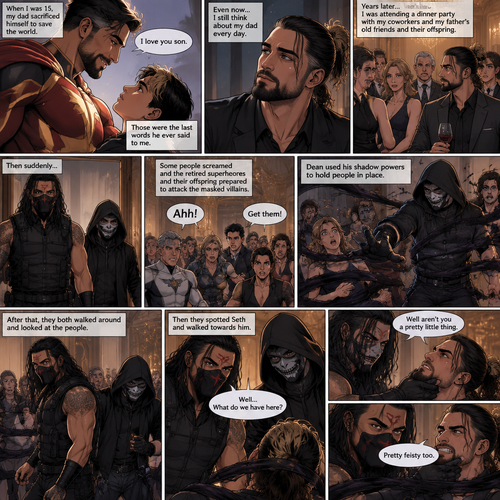 (Part 1 of an Ambrolleigns story) Seth Rollins is the son of a famous superhero. When he was 15 years old his sad sacrificed himself to save the world,the last this his dad said to him was “I love you son”. As an adult he still thinks about his dad. One day He was attending a dinner party with his coworkers and his father’s old friends and their offsprings,Then suddenly….Two masked villains (Roman Reigns and Dean Ambrose) bursts in. Some people screamed and the retired superhero’s and their offspring prepared to attack the masked villains. Then Dean used his shadow powers to hold people In place. After that they both walked around and Looked at the people,Then they spotted Seth and walked towards him. “Well…What do we have here?” Roman asked. Dean grabbed Seth’s chin. “Well aren’t you a pretty little thing” Said Dean. Seth struggled against the shadow binds. “Pretty feisty too” said Roman 