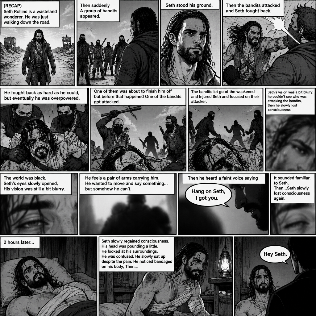 (Recap).Seth Rollins is a wasteland wonderer,He was just walking down the road,Then suddenly A group of bandits appeared,Seth stood his ground,Then the bandits attacked and Seth fought back,He fought back as hard as he could,but eventually he was overpowered,The bandits beat him up really badly,One of them was about to finish him off but before that happened One of the bandits got attacked,The bandits let go of the weakened and Injured Seth and focused on their attacker,Seth’s vision was a bit blurry,he couldn’t see who was attacking the bandits,then he slowly lost consciousness. (And now part 2). The world was black. Seth’s eyes slowly opened,His vision was still a bit blurry. He feels a pair of arms carrying him. He wanted to move and say something…but somehow he can’t. Then he heard a faint voice saying “Hang on Seth,I got you”. It sounded familiar to Seth. Then…Seth slowly lost consciousness again. 2 hours later,Seth slowly regained consciousness. His head was pounding a little. He looked at his surroundings. He was confused. He slowly sat up despite the pain. He noticed bandages on his body,Then….A voice spoke “Hey Seth”