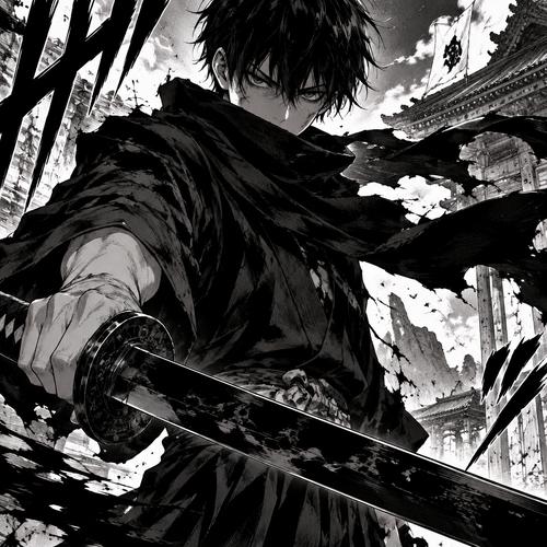 Boy with a black scarf and looks intimidating and holding a black katana 
