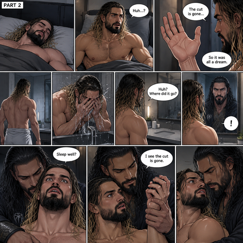 (Recap) Seth Rollins Was walking in the forest near his house,he discovered a statue of a sorcerer (Roman Reigns),he finds a hole on it,then he accidentally cuts his hand,A little bit of his blood dripped in the hole,then it broke apart…revealing the sorcerer himself,Seth was shocked,the sorcerer grabbed Seth’s wrist and pulled him closer,He looked at Seth’s eyes,then he used a spell to make Seth sleep,then he lifted Seth in his arms. (And now part 2). Seth was asleep on his bed,then he woke up. He sat up confused. He looked at his hand…the cut was gone. “So it was all a dream” Seth said to himself. He got up and walked to the bathroom,then he splashed cold water on his face. He reached for his hairbrush….it wasn’t there. “Huh? Where did it go?” Seth asked himself. He looks at the mirror….and sees the sorcerer. Seth gasped. The sorcerer grabs Seth from behind. “Sleep well?” Asked the sorcerer. Seth was too stunned to speak. The sorcerer lifted Seth’s hand to have a look at it. “I see the cut is gone” Said the sorcerer