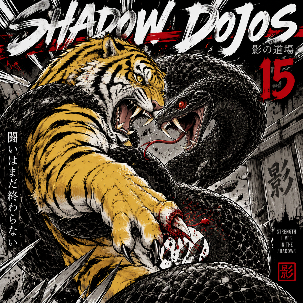 A yellow tiger and black snake fighting for a cover volume 15 of shadow dojos take away one of the tigers fingers
