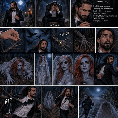 (Part 1 of the corpse bride,Seth x Becky style). Seth Rollins was walking in the woods alone at night after running away from a wedding rehearsal. After a while He sat at a tree stump,he puts his head in his hands. “I can’t do it” Seth said to himself. He took a deep breath. He began practicing his vows,”With this hand,I will lift your sorrows,Your cup will never empty,For I will be your wine,With this candle,I will light your way in darkness,With this ring,I ask you…To mine”. He puts the wedding ring on a tree branch that suspiciously looks like a ring finger. Then the crows flew by,Then….The branch the suspiciously looked like a hand…twitched. Then….The branch that suspiciously looks like a hand pulled itself underground. Seth got spoked when he saw that. Then…an undead woman in a wedding dress (Becky Lynch) crawled out from the ground. She stood up,Lifted her vail,Looked at Seth and said in a quiet voice “I do”. Seth got scared and ran further into the woods. The woman just slowly and calmly walked after him. While Seth was running his tuxedo jacket got caught in some branches and ripped. He kept running till he got to a bridge