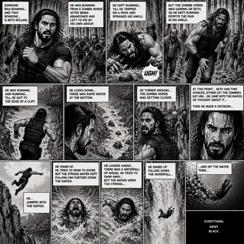 We’re in the woods during a zombie apocalypse,Someone was running…and that someone…is Seth Rollins. He was running from a zombie horde after being abandoned and left to die by his own group. He kept running….Till he tripped on a rock and sprained his ankle. The zombie horde was gaining on Seth,So he kept running despite the pain in his ankle. He was running and running….till he got to the edge of a cliff. He looks down,There was rapid water at the bottom. He turned around…the Zombie horde was getting closer. At this point…Seth had two choices,Either let the zombies eat him..or jump into the rapids. He thought about it….then he made a decision…he…Jumped into the rapids. He swam up,He tried to swim to shore but the strong water kept pulling him further down the rapids. He looked ahead….there was a waterfall up ahead,He tried to swim away…But the rapids were too strong….he ended up falling down the waterfall…and hit the water,Then….Everything. Went. Black