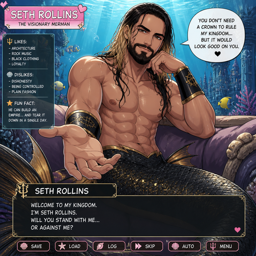 WWE superstar Seth Rollins as a Merman in a dating sim game