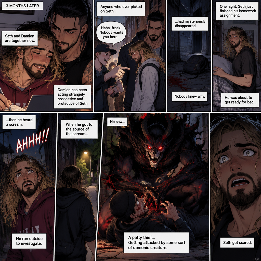 (Recap). Seth Rollins (College student) helped Damien Priest (The bad boy) tend to his wounds on his chest and shoulder after he entered Seth’s dorm room,The next morning,Seth and Damien were asleep in Seth’s bed,Seth slowly woke up,He was in Damien’s embrace,He blushed and his heart fluttered,Damien must’ve heard it because he subconsciously put his hand on Seth’s chest to feel Seth’s heartbeat and hummed softly in his sleep,Seth was flustered,Then…Damien slowly woke up and looked at Seth,”Your heart beats so beautifully” Damien said in a soft voice,Damien then whispered in Seth’s ear,“Is it because of me,Angel?” Damien asked seductively,The blush on Seth’s face deepened,Damien gave a smug and seductive smile.,”Can I kiss you?” Damien asked softly. Seth Got more Flustered,“S-Sure” Seth said nervously,Damien gently kissed Seth. (And now part 4). 3 months had passed,Seth and Damien are together. Damien had been acting strangely possessive and protective of Seth. Anyone who ever picked on Seth…had mysteriously disappeared. Nobody knew why. One night Seth just finished his homework assignment. He was about to get ready for bed….then he heard a scream. He ran outside to investigate. When he got to the source of the scream….he saw….A petty thief…Getting attacked by some sort of demonic creature. Seth got scared