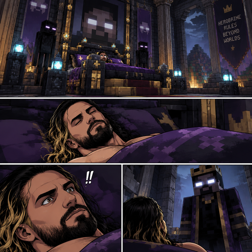 (Part 3) we’re now in the world of Minecraft. Seth Rollins was asleep in some sort of royal bed…Herobrine’s royal bed