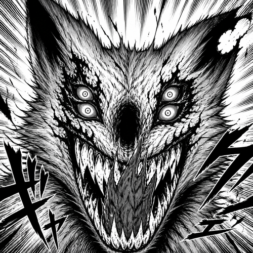 Front view of a fox face showing teeth Teeth, kind of look like flames Tongue is really spiky, and it goes all the way up towards the eye the eye sockets each have three eyeballs in each eye socket the left ear has a chunk taken off ears are very pointy and look like fur the nose of the fox is gone. It just has a hole there where it should be drawing is fucked up 