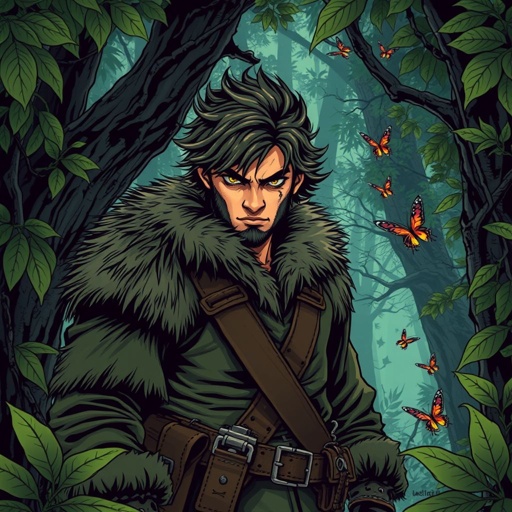 A hunter man wearing green and fur holding a sword 