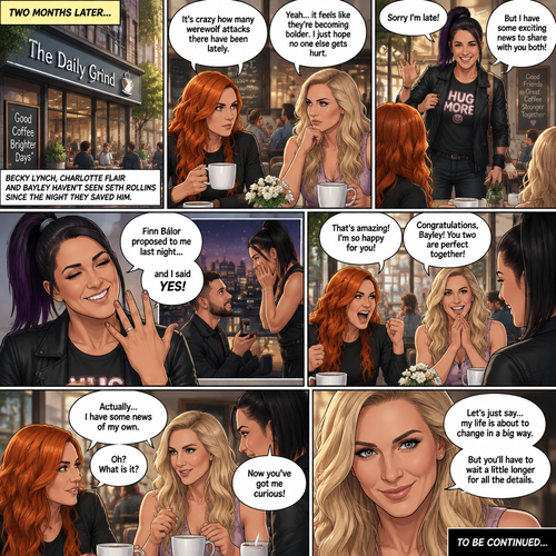 (Part 2 of the Werewolf X human story). It’s been two months since the night Becky Lynch and Her friends Charlotte Flair and Bayley saved the Man (Seth Rollins). They haven’t seen him since. Becky and charlotte were having brunch at a cafe,They were talking about the recent werewolf attacks. Then Bayley showed up late….with a happy grin on her face. She apologized for being late and sat at the table. Then she said she’s has some exciting news to share with the two of them….Finn Bálor proposed to her last night…and she said yes. Becky and Charlotte were happy and excited for Bayley. Then Charlotte said she’s has some news of her own