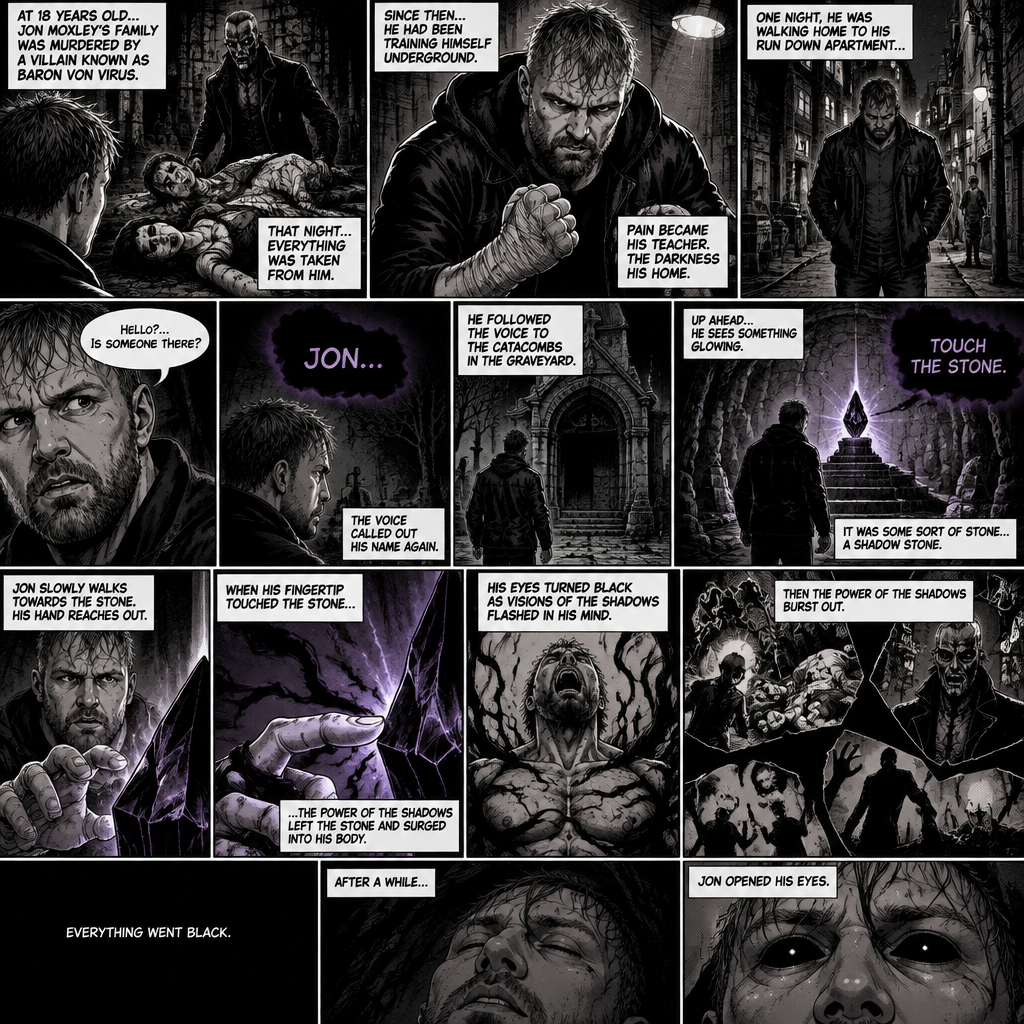 Jon Moxley as a vigilante born from tragedy. When he was 18 years old his family was murdered by a villain known as Baron Von Virus. Since then he had been training himself underground. One night he was walking home to his run down apartment…then he heard a mysterious voice call out his name. “Hello?…Is someone there?” Jon asked. It called out his name again. He followed the voice to the catacombs in the graveyard. Up ahead…He sees something glowing. It was some sort of stone…a shadow stone. Then the voice repeats “Touch the Stone”. Jon slowly walks towards the stone,His hand reaches out. When his fingertip touched the stone…the power of the shadows left the stone and surged into His body. His eyes turned black as visions of the shadows flashed in his mind. Then the power of the shadows burst out. Everything went black. After a while,Jon opened his eyes