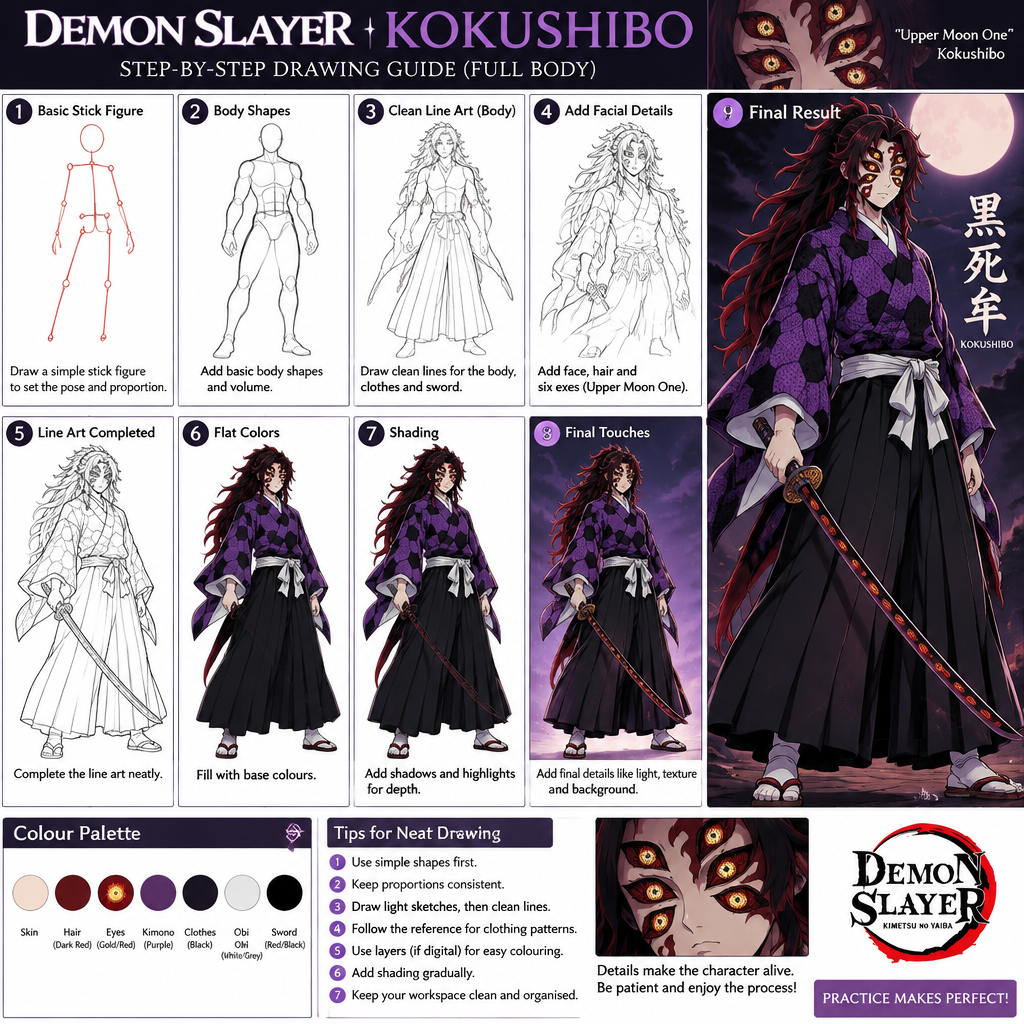 I want Demon slayer Koka Shibo, full body step-by-step process with neatly and simple with Cortana showing please neatly Sowmya and colour also, how to neatly I want