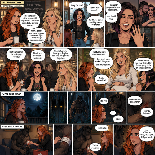 (Part 2 of the Werewolf X human story). It’s been two months since the night Becky Lynch and Her friends Charlotte Flair and Bayley saved the Man (Seth Rollins). They haven’t seen him since. Becky and charlotte were having brunch at a cafe,They were talking about the recent werewolf attacks. Then Bayley showed up late….with a happy grin on her face. She apologized for being late and sat at the table. Then she said she’s has some exciting news to share with the two of them….Finn Bálor proposed to her last night…and she said yes. Becky and Charlotte were happy and excited for Bayley. Then Charlotte said she’s has some news of her own. She and her husband (Kurt Wagner a.k.a nightcrawler) have worked it out…and She’s pregnant. Becky and Bayley were happy and excited for Charlotte. Later that night,Becky was in her backyard looking at the moon…then…She heard a noise from the forest near her house. She looked closely. A pair of Yellow eyes were looking at her. A werewolf slowly walked out of the forest and walked towards her. Her heart was pounding. The werewolf stood in front of her. She….recognized those eyes….it was the man Becky and the girls saved two months ago. “It’s you” said Becky. He nodded. “What are you doing here?” Becky asked. He shows her the wound on his arm…then he spoke “Can you help me?”. Becky looked at the wound. “Sure…I can help you” Said Becky. They went inside Becky’s house. Becky went to get the first aid kit and the werewolf sat down on the couch. She came back and gently treated the werewolf’s wound. After a while,she was finished. “Thank you” the werewolf said softly. “You’re welcome” Becky said softly. They stared at each other. “Um….Y-You can S-Stay the night…I-If you want” Becky said Nervously. 
