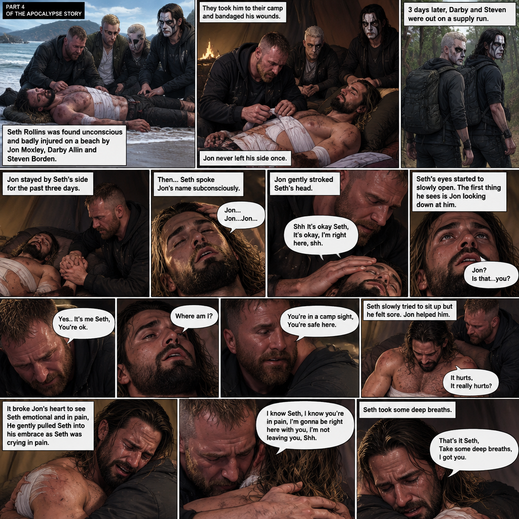 Part 4 of the apocalypse story.Seth Rollins was found unconscious and badly injured on a beach by Jon Moxley,Darby Allin and Steven Borden (Sting’s son).They took him to their camp and bandaged his wounds.Jon never left his side once.3 days later,Seth was still unconscious,Darby and Steven were out on a supply run,Jon stayed by Seth’s side for the past three days.Jon gently held Seth’s hand,Then…Seth Spoke Jon’s name subconsciously “Jon…Jon…Jon”.Jon gently stroked Seth’s head. “Shh It’s okay Seth,It’s okay,I’m right here,shh” Jon whispered.Seth breathed softly,Then….His eyes started to slowly open,The first thing he sees is Jon looking down at him. Seth spoke weakly “Jon?,Is that…you?”. “Yes..It’s me Seth,You’re ok” Jon said softly. “Where am I?” Seth Asked in a weak voice. “You’re in a camp sight,You’re safe here” Jon said Softly.Seth slowly tried to sit up but he felt sore.Seeing Seth was trying to sit up but couldn’t because of the pain Jon helped him.Tears welled up in Seth’s eyes because he was in pain,He got emotional.It broke Jon’s heart to see Seth emotional and in pain,He gently pulled Seth into his embrace as Seth was crying in pain. “It hurts,It really hurts” Seth said through his tears.Jon gently rubbed Seth’s back to soothe him. “I know Seth,I know you’re in pain,I’m gonna be right here with you,I’m not leaving you,Shh” Jon said To Seth Softly.Seth took some deep breaths. “That’s it Seth,Take some deep breaths,I got you” Jon said softly