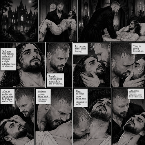 There’s a Dark Vampiric mansion in the woods,Inside there’s a dark Vampiric chamber.The door opens,A vampire (Jon Moxley) walks in carrying his human lover (Seth Rollins).Jon Gently puts Seth on the bed.Seth looked up at him.Seth was very nervous and excited,Because tonight…is his last night as a human,Tonight…Jon was going to turn Seth into a vampire.Jon caresses Seth’s cheek lovingly,then he gently kisses him.After he pulls away Jon brushed Seth’s hair off his face.He leaned towards Seth’s neck,His fangs come out,Then…his fangs pierce Seth’s neck.Seth gasped softly.After he was finished Jon pulled away from Seth’s neck