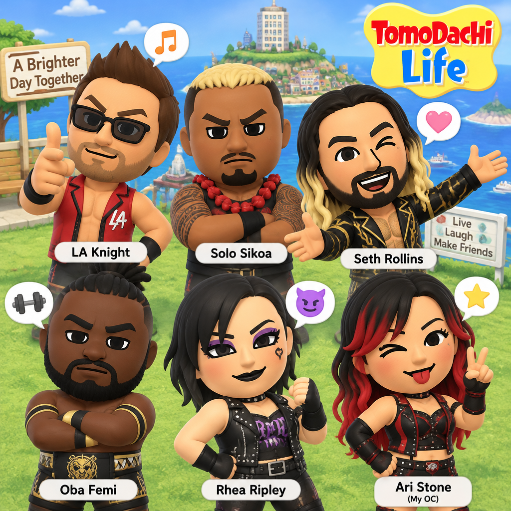 LA Knight,Solo Sikoa,Seth Rollins,Oba Femi,Rhea Ripley and Ari Stone (My wrestler oc) as Mii characters in Tomodachi life
