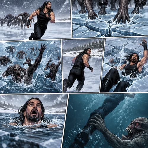 It’s a blizzard…During a monster apocalypse. Seth Rollins was on the run from a group of monsters. He ended up on ice over a frozen lake. The ice began to crack under the group of monsters combined weight. Seth kept running while the monsters fell through the ice and ended up in the water. He almost made it to the ground….But then the ice cracked under him and he fell into the water. He swam to the surface…but one of the monsters grabbed his ankle