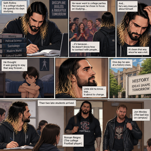 Seth Rollins is a college student. He spends his days studying,He never went to college parties. Not because he chose to focus on studying…..it’s because…he doesn’t know how to connect with people…and…He’s very insecure about himself. It’s been that way since he was a kid. He thought it was going to stay that way forever…little did he know….that….is about to change. One day he was at a history class,Then two late students arrived. Roman Reigns (The college Football player) and Jon Moxley (The bad boy on campus)