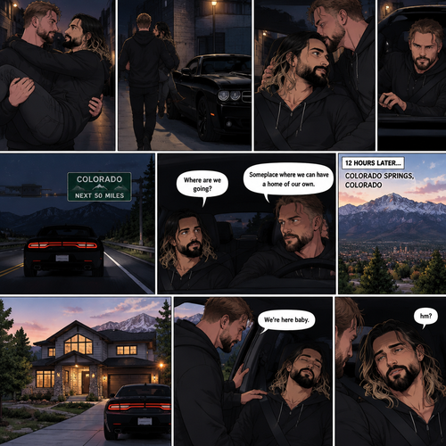 (Recap). Seth Rollins was walking alone at night,then someone grabbed him from behind and covered his mouth so he wouldn’t scream,he whispered in Seth’s ear “Missed me baby?”,it turned out to be Jon Moxley Seth’s first love,Jon removed his hand from Seth’s mouth and gently turned Seth around to face him,Seth couldn’t believe that Jon was actually here,Jon hugged Seth and said “I came back for you,like I promised”,Seth had remembered that promise that he made to him the day he went on the run,Seth hugged Jon back,He missed him so much for the past 6 years.after a minute,Jon lifted Seth in his arms and walked down the alleyway while holding Seth. (And now part 2). Jon was still walking down the alleyway,Then he spotted his car. He walked to his car and put Seth on the passenger seat. He gently kissed Seth’s forehead and then closed the door. He walked to the driver’s seat and got in. He Started the engine and drove away. “Where are we going?” Asked Seth. “Someplace where we can have a home of our own” said Jon. 12 hours have passed,They’re now in Colorado Springs,Colorado,Jon was still driving and Seth was asleep in the passenger seat. After a while Jon pulled into a driveway of a house That he bought. He parked his car and got out. He got out of the car and walked to the passenger side. He gently shook Seth. Seth woke up “hm?”. “We’re here baby” Jon said softly