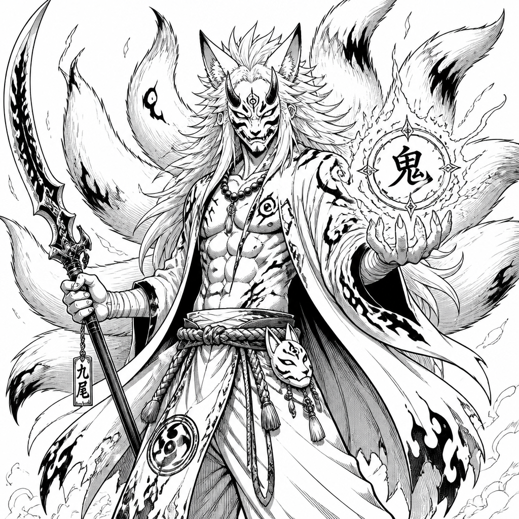 Oni Nine tailed fox humanoid with a weapon in one hand and in the other hand is holding a symbol made out of power medium level to trace