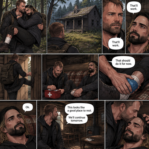 (Part 5). Still in the zombie apocalypse. Jon Moxley was walking in the woods while Holding Seth Rollins in his arms after emotional reunion near the river. Seth was resting his head on Jon’s shoulder while holding on. Jon looked ahead and he sees an abandoned Cabin. Seth Sees it too. Jon and Seth looked at each other,Then they looked back at the cabin. “That’ll work” Jon and Seth said in unison. Jon walked to the cabin,Then he kicked the door open and walked inside. He gently put Seth down on the couch. He reached into his bag and pulled out a first aid kit,He gently lifted Seth’s sprained ankle,He grabbed an ice pack from the first aid kit and gently puts it on Seth’s ankle. “That should do it for now” said Jon. Seth nodded. Jon looked at his surroundings. “This looks like a good place to rest” said Jon. “We’ll continue tomorrow” Jon continued. “Ok” said Seth. Jon gently kissed Seth on the forehead. Seth smiled softly