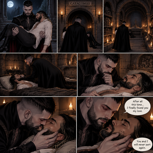 (Vampire Finn Bálor x Reincarnated Seth Rollins part 2) The Person was still walking in the night with the unconscious Seth in his arms. He walked to the catacombs,He entered the catacombs. He puts Seth on a makeshift bed,Then he looks at Seth. He still couldn’t believe that his long lost love had came back to him…Reincarnated. This time…He was determined to protect him. He gently kissed Him,then he gently placed his hand on his cheek. “After all this time…I finally found you my love” The person said softly. “You and I will never part again” The person said softly