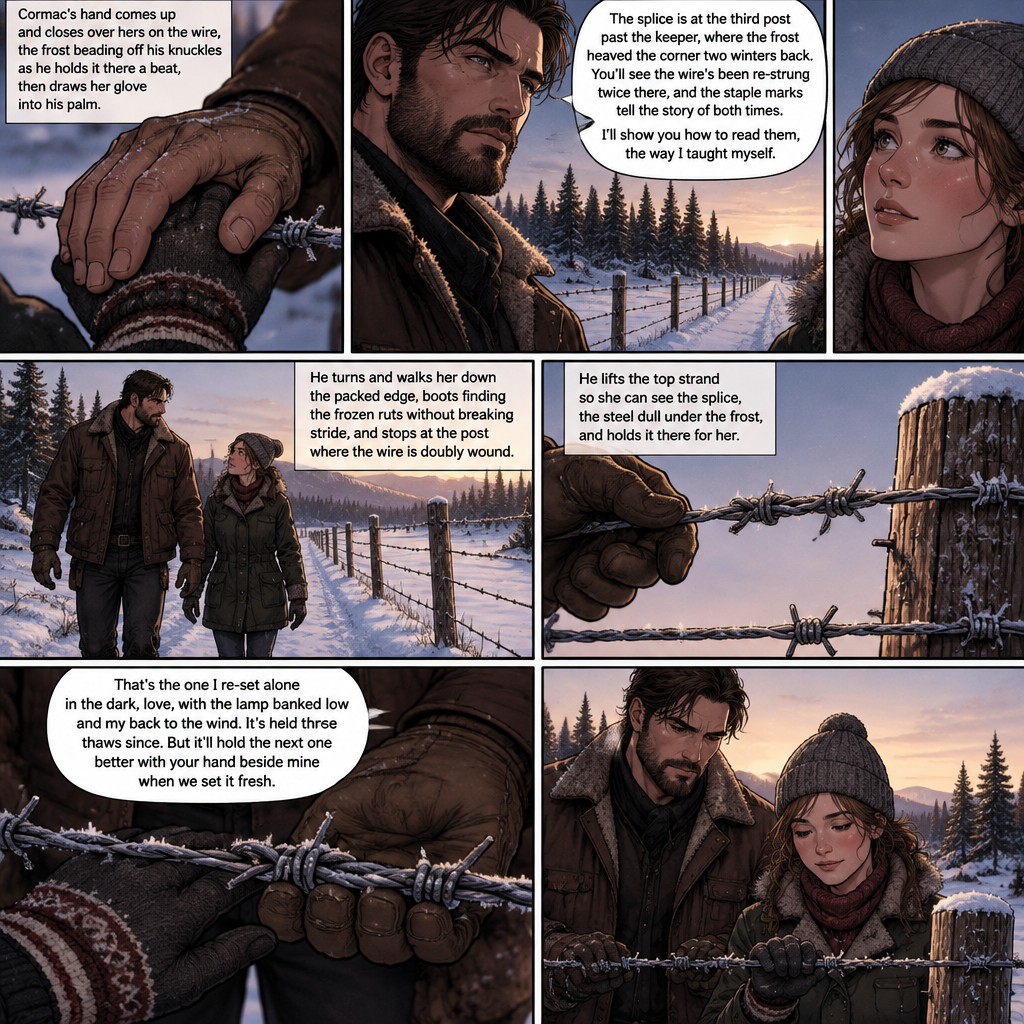 Cormac's hand comes up and closes over hers on the wire, the frost beading off his knuckles as he holds it there a beat, then draws her glove into his palm. He looks down the line to the bend where the fence disappears into the pines, then back at her, something unhurried settling in his jaw.
The splice is at the third post past the keeper, where the frost heaved the corner two winters back. You'll see the wire's been re-strung twice there, and the staple marks tell the story of both times. I'll show you how to read them, the way I taught myselt.
He turns and walks her down the packed edge, boots finding the frozen ruts without breaking stride, and stops at the post where the wire is doubly wound. He lifts the top strand so she can see the splice, the steel dull under the frost, and holds it there for her.
That's the one I re-set alone in the dark, love, with the lamp banked low and my back to the wind. It's held three thaws since. But it'll hold the next one better with your hand beside mine when we set it fresh.
He steps back, pulling the strand clear so she can lay her hand flat on the splice, and then he stands beside her hoth of them holding the
