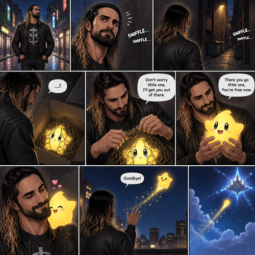 Seth Rollins was having a stroll down the street at night,then…he heard a small crying sound. He followed the sound to an alleyway. At first he didn’t see anything…then he heard the small crying noise coming from a box. He looked inside…he couldn’t believe it…it was a star (Luma). It was tangled up in a net. He got over his shock. “Don’t worry little one,I’ll get you out of there” said Seth. He gently untangled the net off Luma and gently picked  him up. “There you go little one,You’re free now” said Seth. Luma smiled with joy and nuzzled up against Seth. Then Luma waved goodbye and flew back home