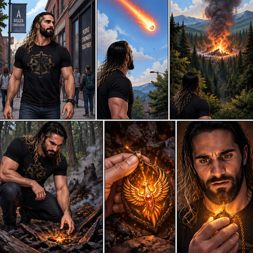 Seth Rollins was walking down the street,Then suddenly a fire ball came out of the sky and crash landed in the nearby forest.Out of curiosity he investigated,There he sees an amulet that’s shaped like a phoenix