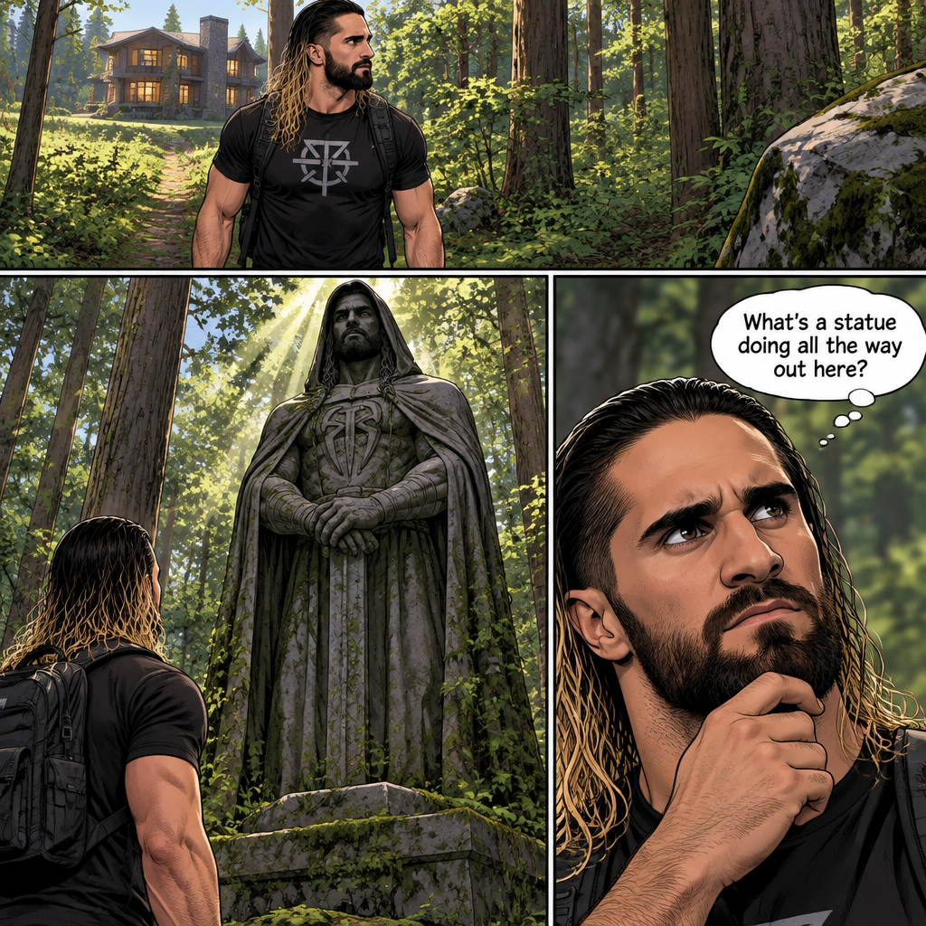 Seth Rollins was walking in the woods near his house,Then…he discovered an old statue Of a man in a cloak (Roman Reigns). “What’s a statue doing all the way out here?” Seth asked himself