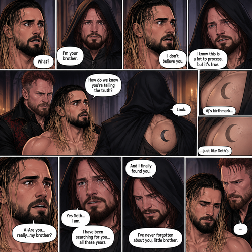 (Recap) Seth Rollins (The vampire hunter turned Bride of the vampire king) was looking at himself in the mirror reeling in the fact that he’s getting married to the vampire king next week,his heart knows that,Then he saw a mysterious figure (Aj Styles) who was standing right behind him in the reflection,Jon Moxley (The vampire king) was handling the wedding preparations,then he heard a loud crash and Seth yelling “LET ME GO!!!” In the bedroom,he used his vampire speed to rush to the bedroom,The mysterious figure tries to drag Seth out the window,Seth struggles,Jon arrives just in time and attacks the mysterious figure,after that he rushes to Seth to see if he’s ok,the mysterious figure slowly gets up,Jon is about to attack,Then the mysterious figure spoke “Wait!”,”Seth…please listen to me,Seth was confused by how the man knew his name,The mysterious figure takes off his hood and drops a bombshell “My name is Aj…I’m your brother Seth,Jon and Seth were shocked by what he said. (And now part 7). Seth was stunned. “What?” Seth asked. “I’m your brother” said Aj. Seth shook his head a little. “I don’t believe you” Said Seth. “I know this is a lot to process,but it’s true” said Aj. Jon gently pulled Seth to his side. “How do we know you’re telling the truth?” Jon asked cautiously. Aj shows his birthmark,It’s the shape of a crescent moon…just like Seth’s. Seth was stunned,All this time….he thought he was the only one with that birthmark. “A-Are you…really..my brother?” Seth asked. “Yes Seth…I am” said Aj. “I have been searching for you…all these years” Aj paused,Tears welling up in his eyes. “And I finally found you” Aj continued. Seth didn’t know what to say,Neither did Jon. “I’ve never forgotten about you,little brother” Said Aj