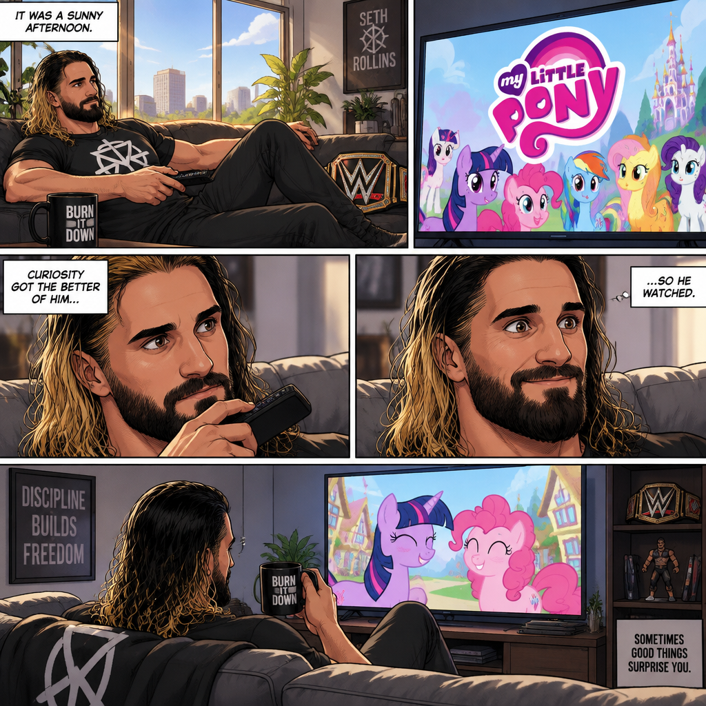 It was a sunny afternoon,Seth Rollins was watching tv,Then my little pony came on. Curiosity got the better of him so he watched