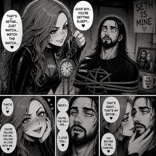 Becky Lynch obsessed with Seth Rollins so she kidnapped him.She takes out a pocket watch and swings it side to side in front of Seth to hypnotize him into loving her