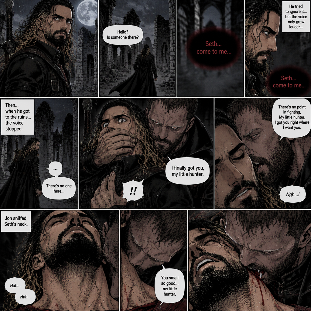 Seth Rollins is a vampire hunter,One night he was out on patrol…then….he heard someone…softly call out his name. “Hello?,Is someone there?” Seth called out. He saw nothing….then he heard it again,He tried to ignore it…but the voice softly spoke again “Seth…come to me”. He couldn’t ignore it anymore,he followed the voice. Each time he tried to fight it…the voice would grow in loud whispers,Then….when he got to the ruins…the voice stopped. He looked at his surroundings,Then…he heard footsteps behind him. Just as he grabbed his weapon…a hand grabbed his wrist from behind and another hand covered his mouth from behind. The voice whispered in his ear “I finally got you,my little hunter”. He knew that voice from anywhere….It was Jon Moxley the king of the vampires. Seth tried to struggle…but it was no use. “There’s no point in fighting,My little hunter,I got you right where I want you” Jon whispered in Seth’s ear. Seth’s heart was pounding. Jon sniffed Seth’s neck.Seth was breathing heavily. Then….Jon’s fangs pierced Seth’s neck