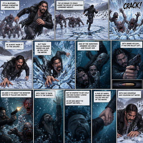 It’s a blizzard…During a monster apocalypse. Seth Rollins was on the run from a group of monsters. He ended up on ice over a frozen lake. The ice began to crack under the group of monsters combined weight. Seth kept running while the monsters fell through the ice and ended up in the water. He almost made it to the ground….But then the ice cracked under him and he fell into the water. He swam to the surface…but one of the monsters grabbed his ankle and pulled him. Seth grabs his gun…it had one bullet left…He used it to shoot the monster before it pulled him deeper in the cold water. Seth tried to swim back to the surface…But he started to get cold and was slowly losing consciousness. As he was about to accept his fate….A pair of hands grabbed him and pulled him out of the water. Seth was shivering and coughing out water