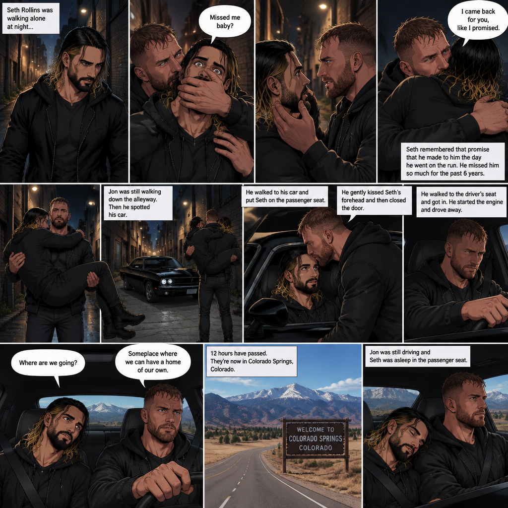 (Recap). Seth Rollins was walking alone at night,then someone grabbed him from behind and covered his mouth so he wouldn’t scream,he whispered in Seth’s ear “Missed me baby?”,it turned out to be Jon Moxley Seth’s first love,Jon removed his hand from Seth’s mouth and gently turned Seth around to face him,Seth couldn’t believe that Jon was actually here,Jon hugged Seth and said “I came back for you,like I promised”,Seth had remembered that promise that he made to him the day he went on the run,Seth hugged Jon back,He missed him so much for the past 6 years.after a minute,Jon lifted Seth in his arms and walked down the alleyway while holding Seth. (And now part 2). Jon was still walking down the alleyway,Then he spotted his car. He walked to his car and put Seth on the passenger seat. He gently kissed Seth’s forehead and then closed the door. He walked to the driver’s seat and got in. He Started the engine and drove away. “Where are we going?” Asked Seth. “Someplace where we can have a home of our own” said Jon. 12 hours have passed,They’re now in Colorado Springs,Colorado,Jon was still driving and Seth was asleep in the passenger seat