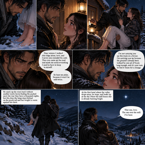 Cormac looks down at her bare feet in the snow, then back up at her face in the low lamp light. For a long moment he doesn't move. Then he takes the lamp from her hand, sets it down on the porch rail by the door, and lifts her straight off the snow into his arms, cradling her against his chest with the frost already melting off his coat.
Nine winters I walked this ridge alone, love, and I never once minded the cold. Then you
came up the road and made me mind everything I used to have to keep to myself. So hear me plain, because it won't be said twice.
I'm not carrying you up this track as a favour.
I'm carrying you up because the ground's already been walked by one set of boots long enough, and it's your turn to feel it warm for a change.
He starts up the west track without another word, boots finding the packed snow the way they have a thousand nights, but this time the lamp stays behind on the porch rail and her weight is warm against his chest. At the first bend where the valley drops away, he stops, and looks up at the sky where the mill house star is already burning bright.
That one, love. The one over the mill. I've been
Tap blank area