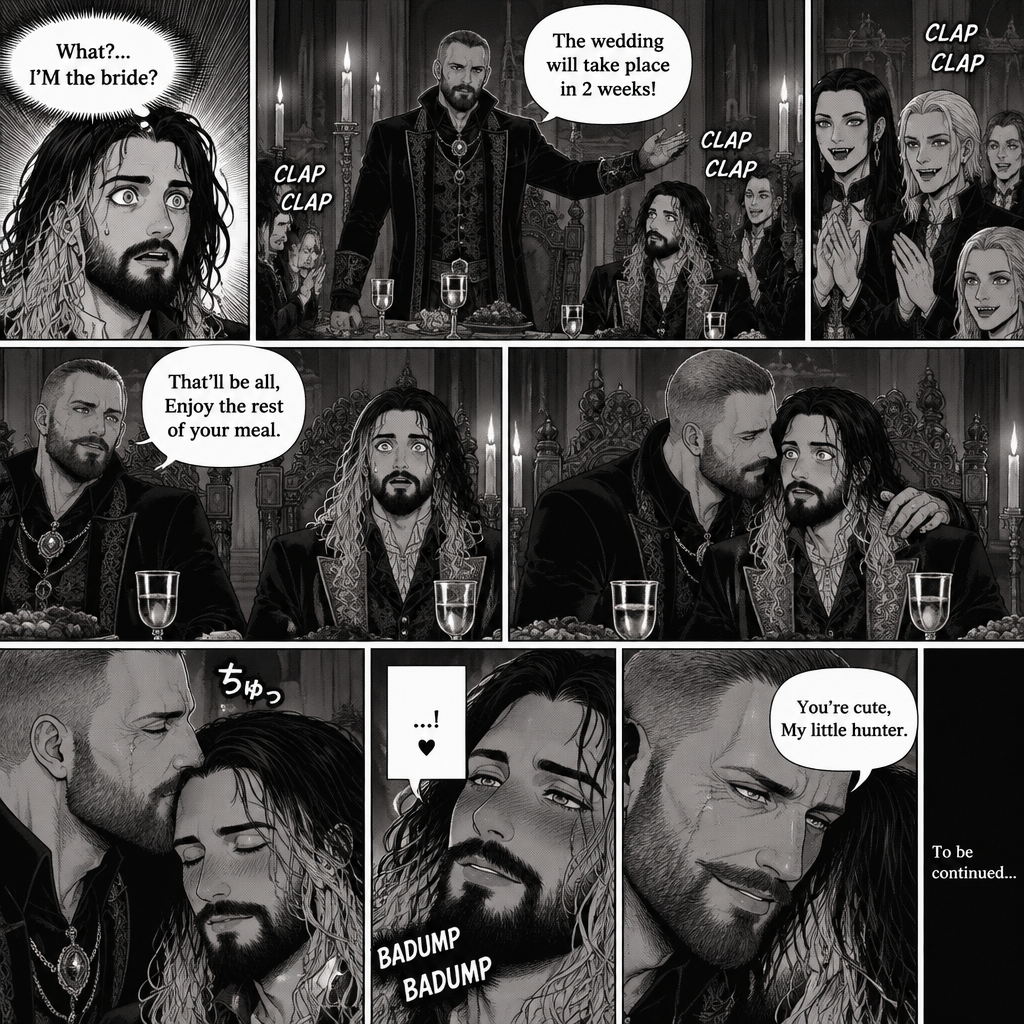 (Recap)Jon Moxley (The vampire king) and Seth Rollins (The vampire hunter…well now The bride Of Jon Moxley) arrived at the feast in the dining room,They sat down at the head of the table,Seth was nervous when the other vampires were staring at him,Jon gently held Seth’s hand and whispered that he was doing good,Seth relaxed,after an hour Jon stood up and dropped a bombshell,”With out further ado…behold…My bride!” Jon said while gesturing to Seth,Seth was shocked. (And now part 5). Seth couldn’t believe it. “What?…I’M the bride?” Seth said in his mind. “The wedding will take place in 2 weeks!” Jon announced. The vampires clapped. Seth just sat there stunned. “That’ll be all,Enjoy the rest of your meal” Jon said and then sat down. He looked at Seth who was still stunned,Then he gently Pulled him to his side,Then he gently kissed his forehead. Seth’s heart fluttered. Jon heard Seth’s heart flutter and smiled. “You’re cute,My little hunter” Jon whispered to Seth (To be continued)