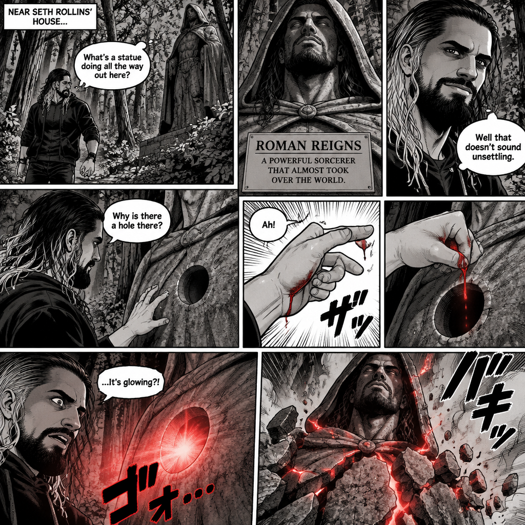 Seth Rollins was walking in the woods near his house,Then…he discovered an old statue Of a man in a cloak (Roman Reigns). “What’s a statue doing all the way out here?” Seth asked himself. He looks at the nameplate “Roman Reigns,A powerful sorcerer that almost took over the world”. “Well that doesn’t sound unsettling” Seth said to himself sarcastically. Then he noticed a hole on the statue. “Why is there a hole there?” Seth asked himself. Then….Seth somehow accidentally cut his hand. A little bit of his blood dripped into the hole,Then…..the hole started glowing,Then the statue….started to crack