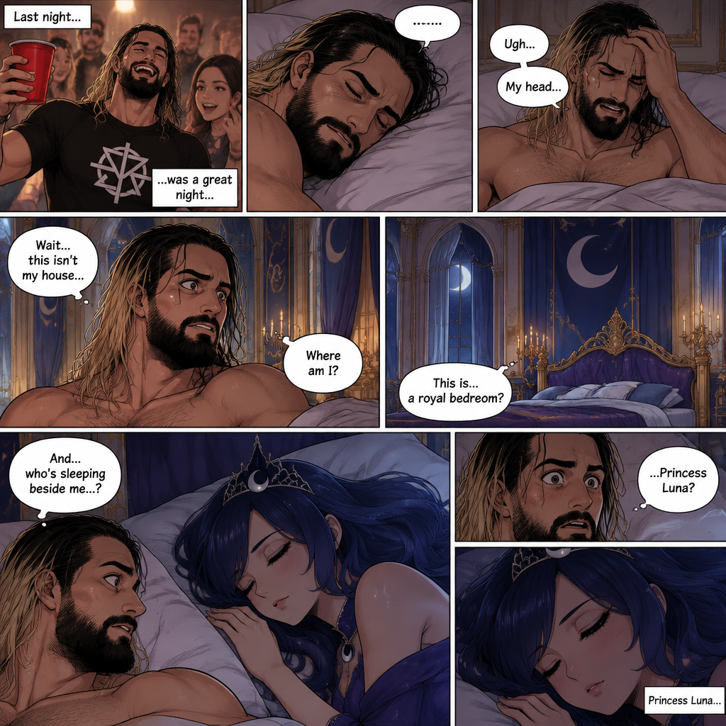 Seth Rollins was asleep after a party last night,Then he woke up hungover. He slowly began to realize…that he wasn’t in his house…Instead it was a royal bedroom. He wondered whose room was this,Then he noticed someone sleeping beside him…but not just anyone….It was Princess Luna (As a Human)