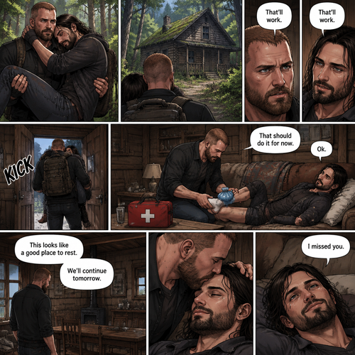(Part 5). Still in the zombie apocalypse. Jon Moxley was walking in the woods while Holding Seth Rollins in his arms after emotional reunion near the river. Seth was resting his head on Jon’s shoulder while holding on. Jon looked ahead and he sees an abandoned Cabin. Seth Sees it too. Jon and Seth looked at each other,Then they looked back at the cabin. “That’ll work” Jon and Seth said in unison. Jon walked to the cabin,Then he kicked the door open and walked inside. He gently put Seth down on the couch. He reached into his bag and pulled out a first aid kit,He gently lifted Seth’s sprained ankle,He grabbed an ice pack from the first aid kit and gently puts it on Seth’s ankle. “That should do it for now” said Jon. Seth nodded. Jon looked at his surroundings. “This looks like a good place to rest” said Jon. “We’ll continue tomorrow” Jon continued. “Ok” said Seth. Jon gently kissed Seth on the forehead. Seth smiled softly. “I missed you” Seth said softly